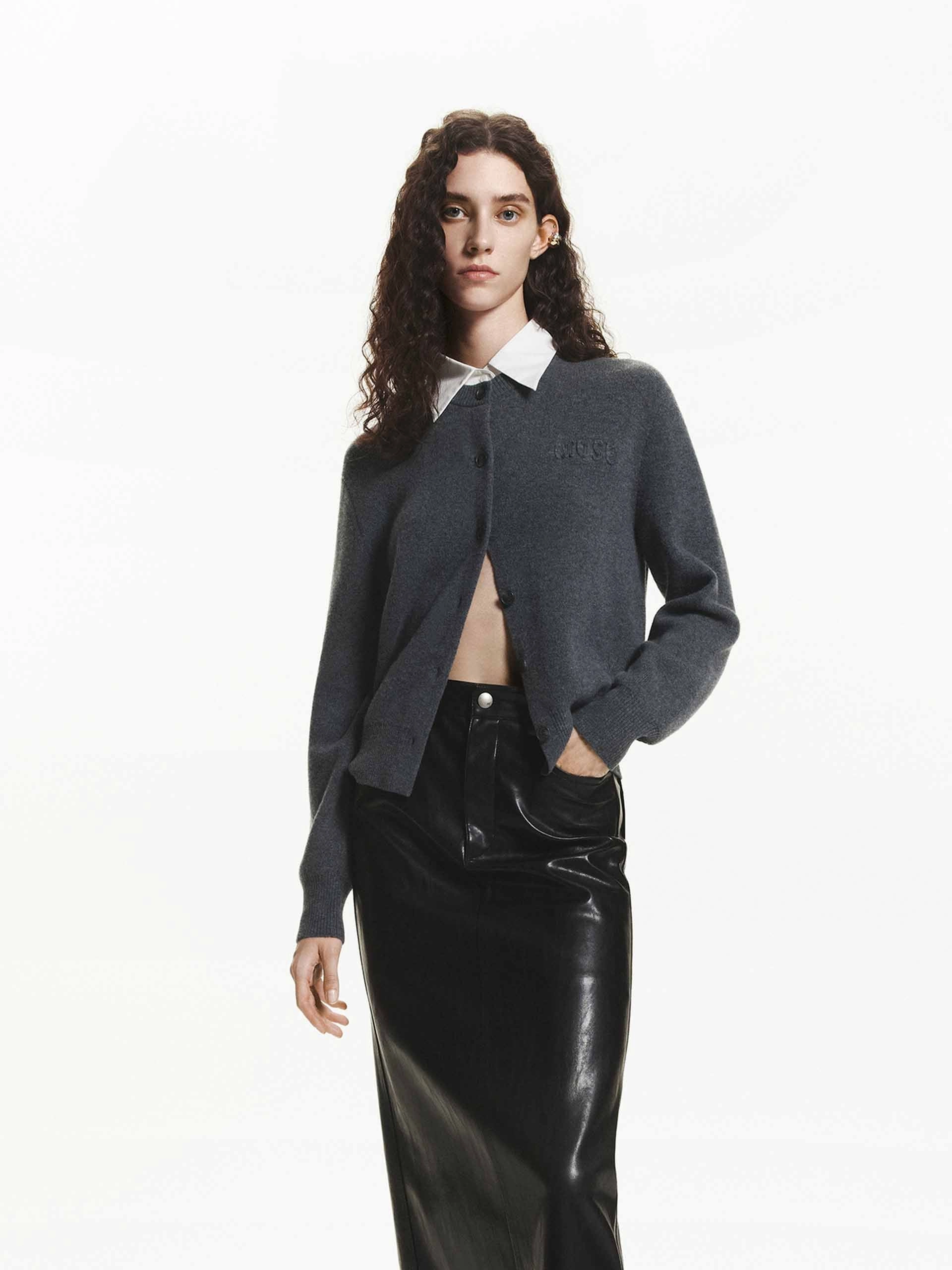 Contrast Collar Wool Cardigan AntiPillingSurface