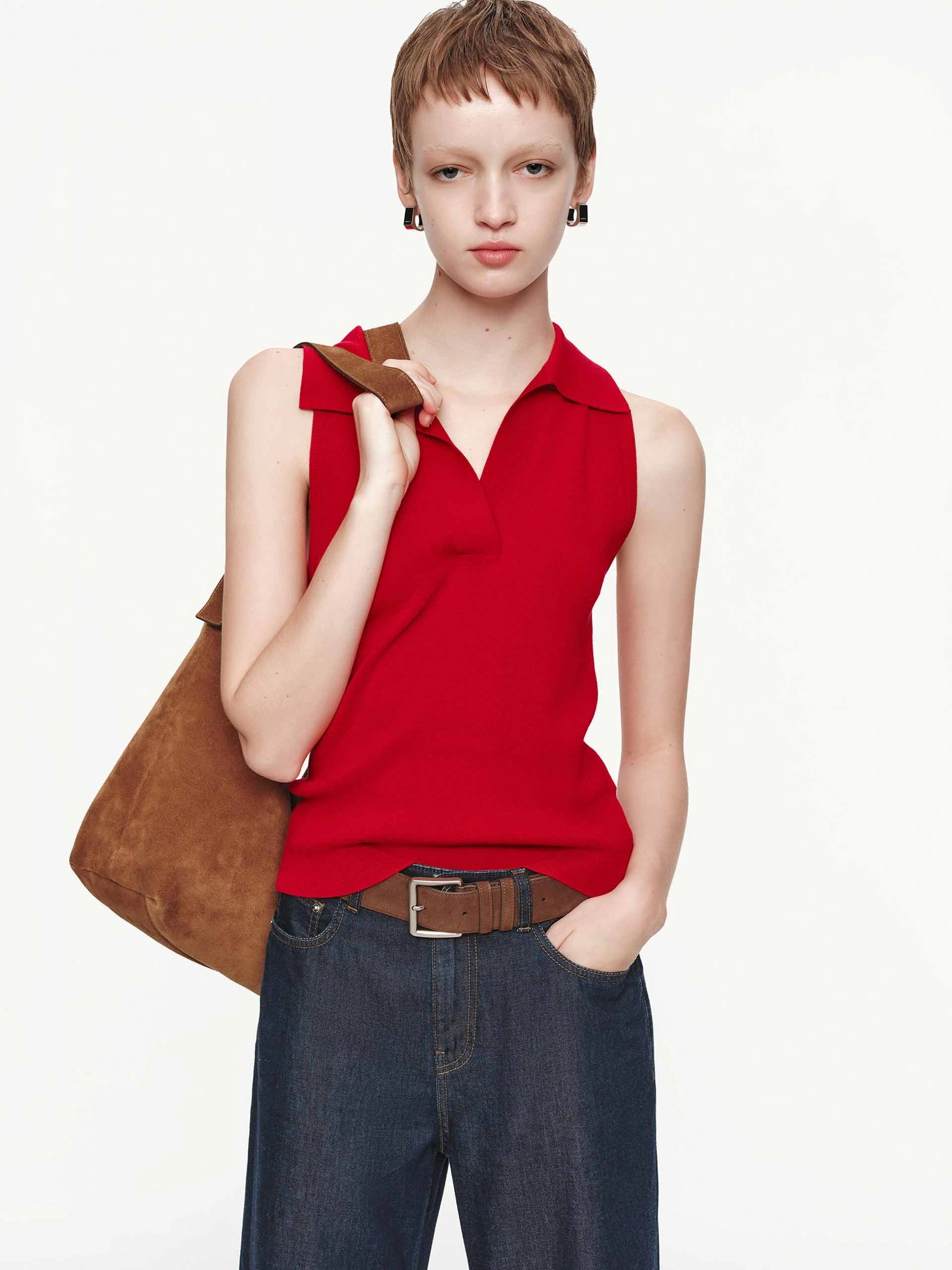 Sleeveless Polo Top Seamless Knit Design
