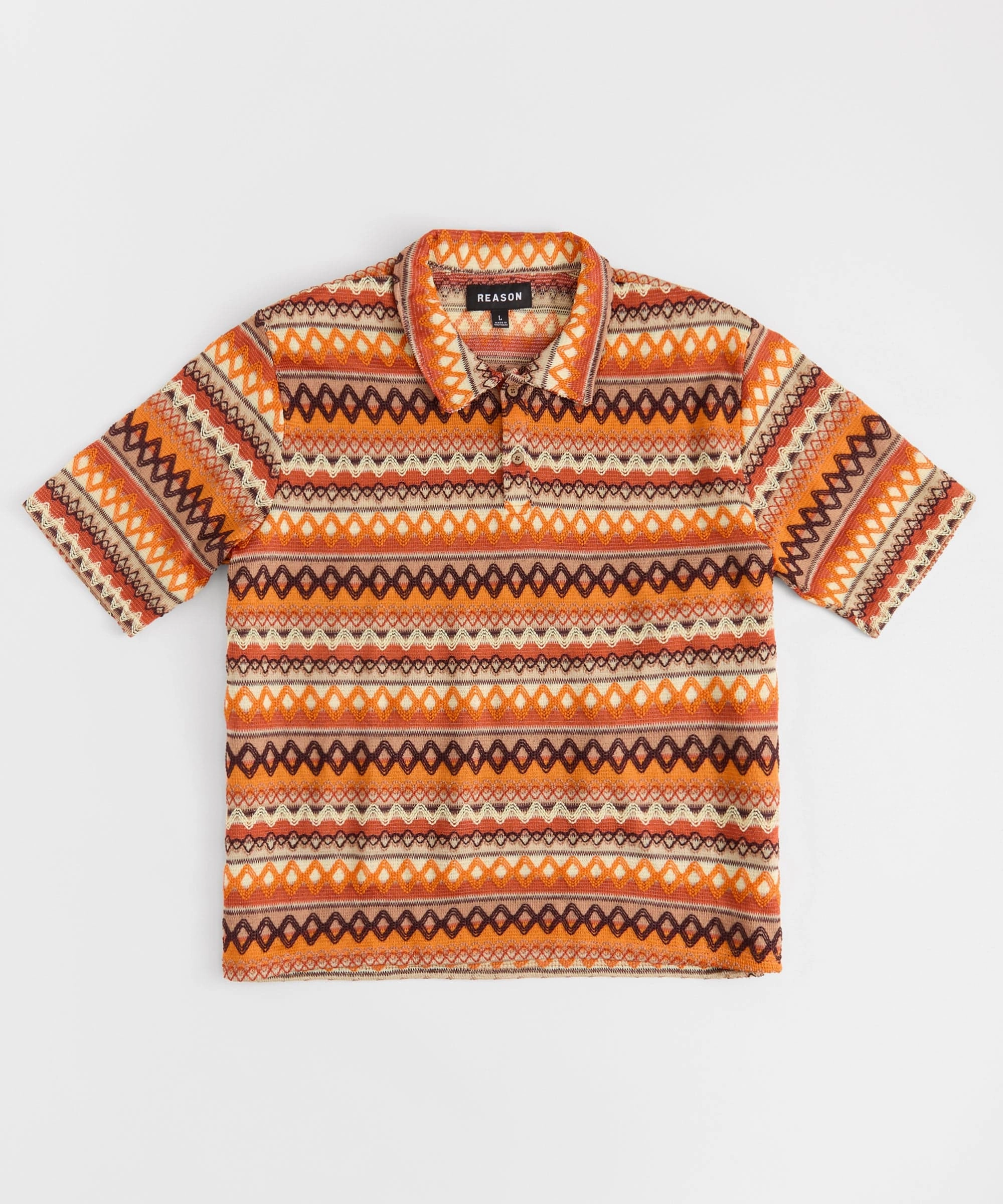 ReinforcedHems Jacquard Polo Short Sleeve Button Down Shirt - Brown