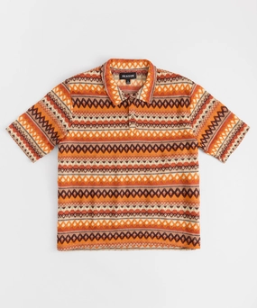 ReinforcedHems Jacquard Polo Short Sleeve Button Down Shirt - Brown