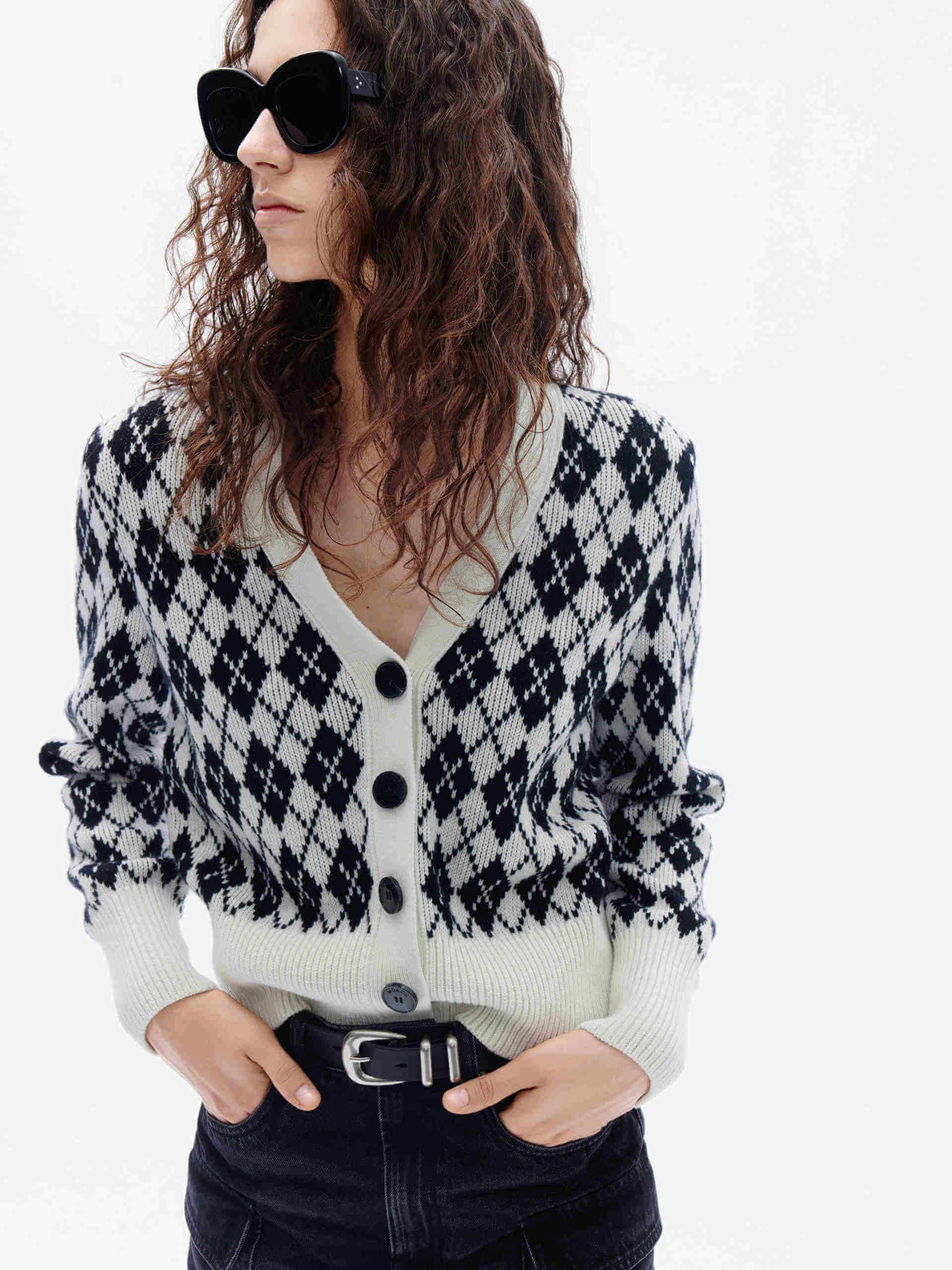 Warm Hoodie Durable Stitching Argyle Check Knit Cardigan
