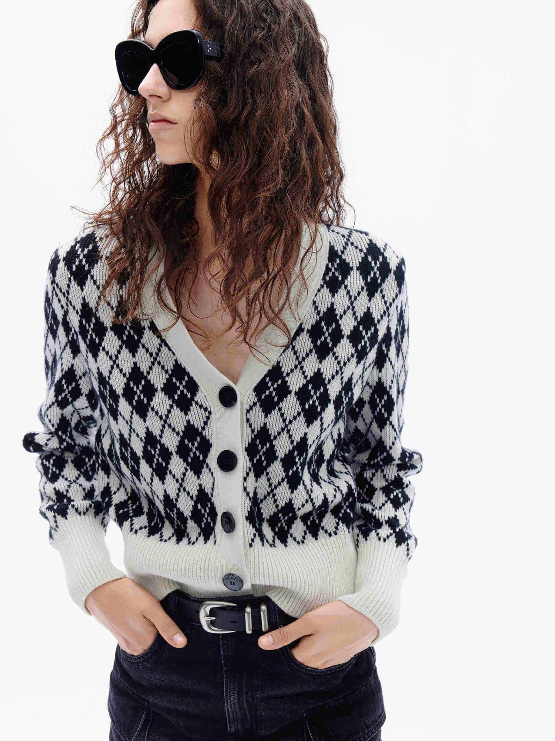 FourWay Stretch Argyle Check Knit Cardigan