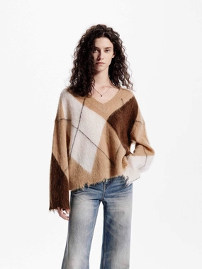 DurableWeave Natural Fiber Blend Argyle Pattern Loose Sweater