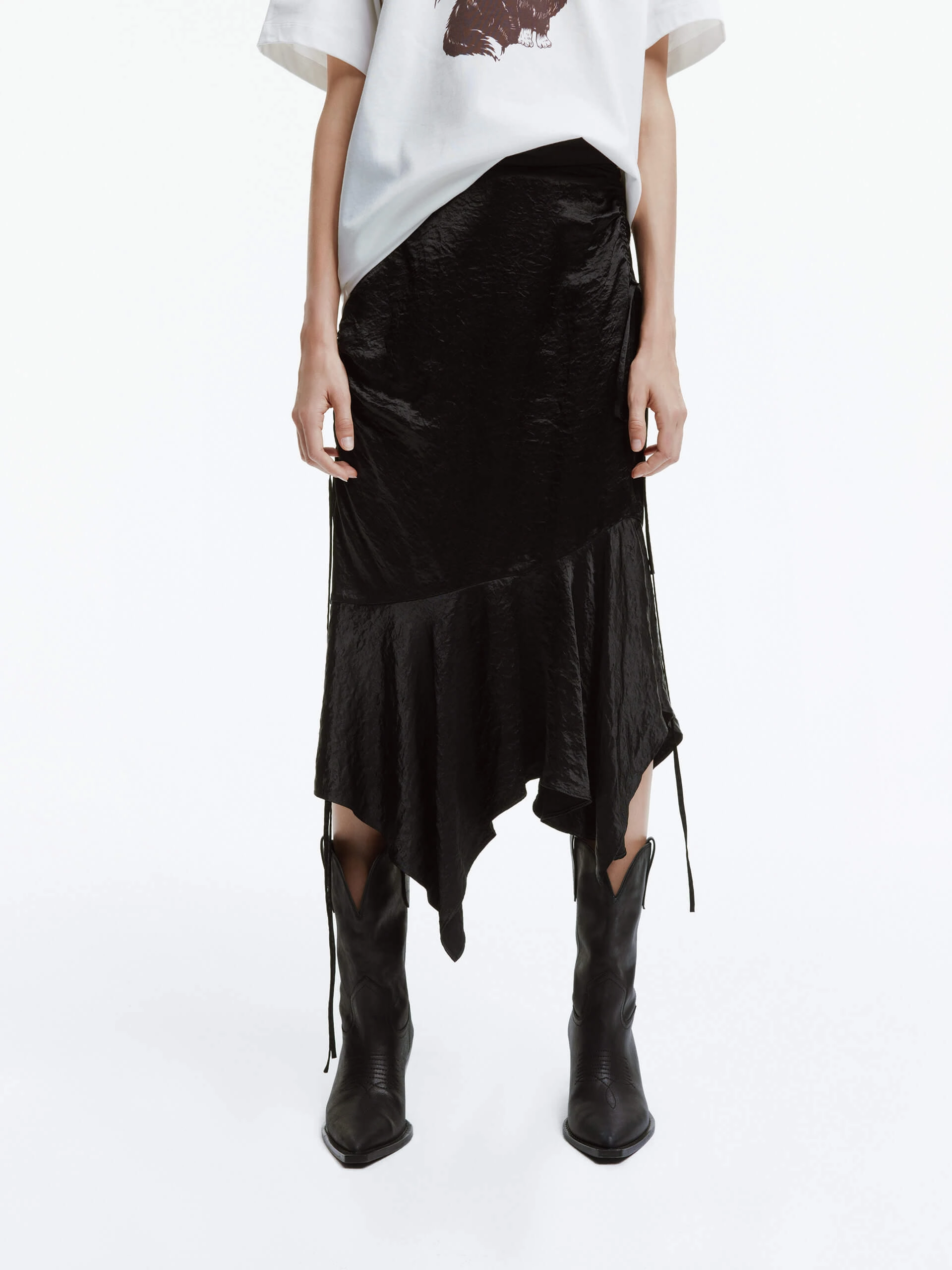 StretchFabric Asymmetric Crinkled Midi Skirt