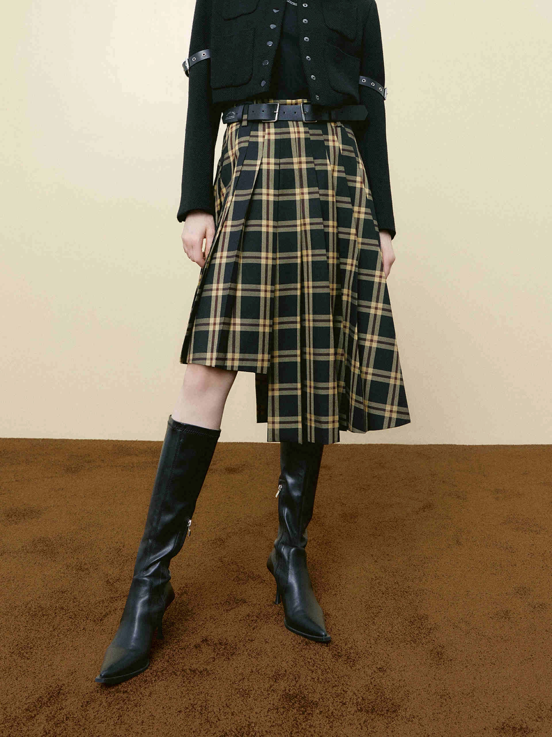 Asymmetric Plaid Skirt ReinforcedPockets DurablePolyester
