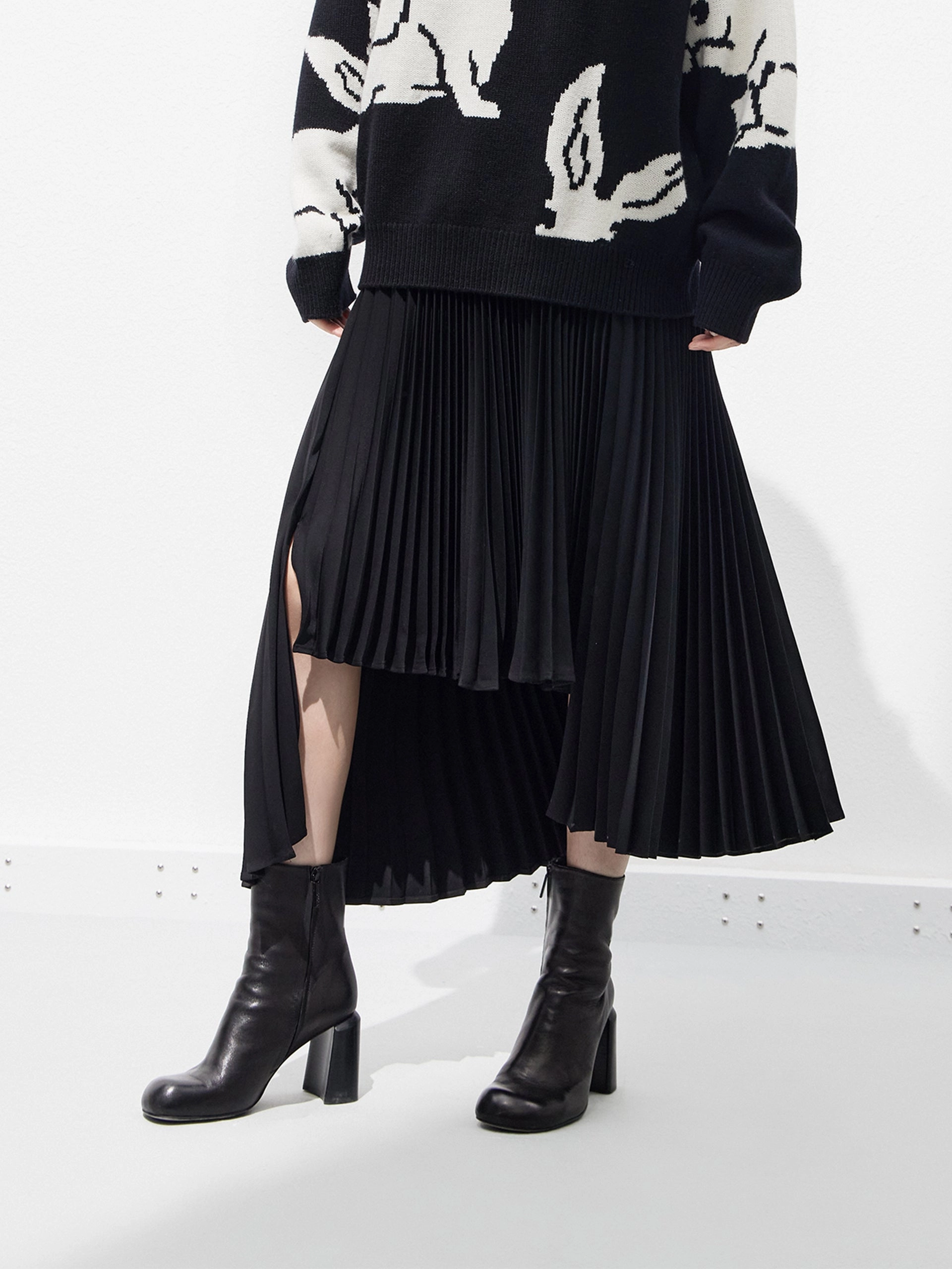 Breathable Waistband Office Wear Asymmetric Pleated Skirt