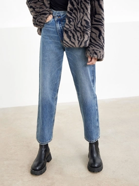 Asymmetric Waistband Faded Tapered Jeans Stretch Comfort
