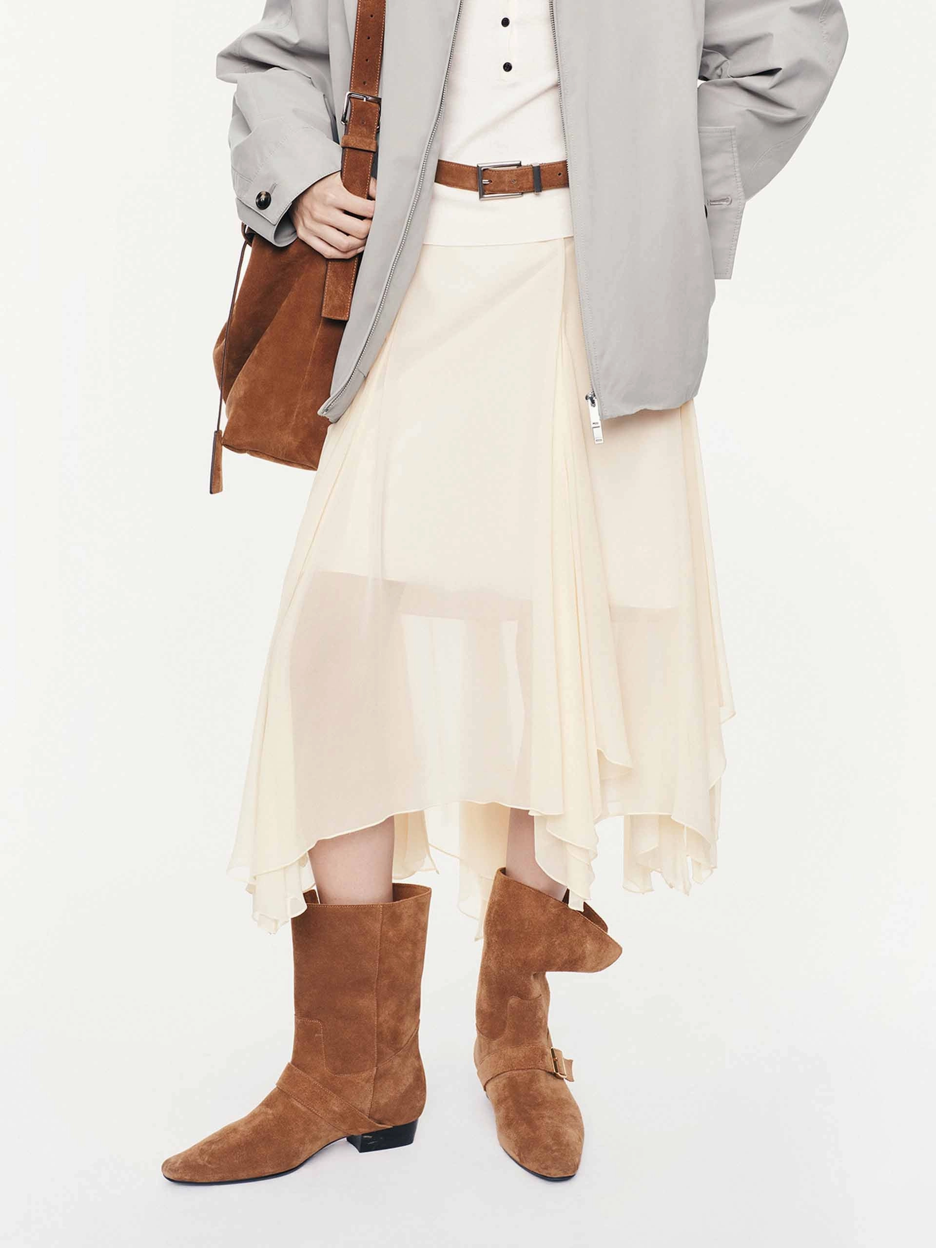 Asymmetrical Hem Flowy Skirt SecureCargoPockets Wrinkle resistant fabric