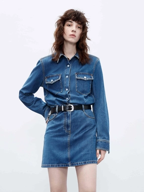 Mesh-Sleeve Long Sleeve Denim Dress