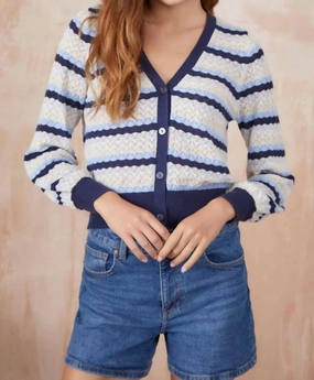 Ayla Pointelle Stripe V Cardigan In Navy Multi Snuggle Ready Moisture Wicking Technology