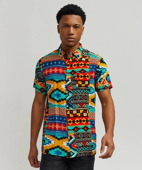 Aztec Print Short Sleeve Shirt Flexible Knit Fabric Summer Dress