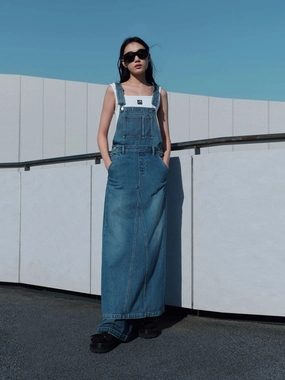 Back Slit Denim Dress with Straps Elastic-Waist