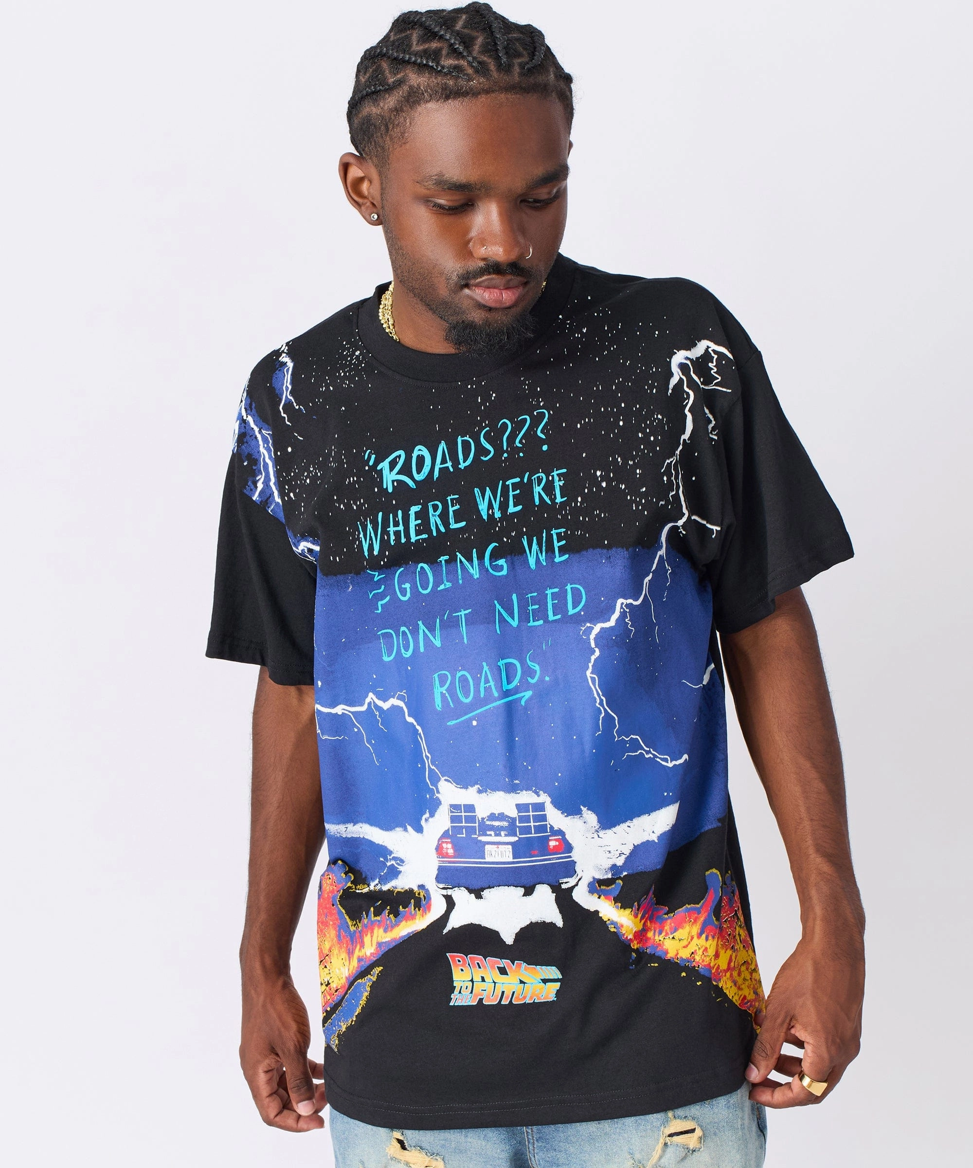Back To The Future We Don't Need Roads Short Sleeve Tee - Black Double Needle Stitching TaglessComfort