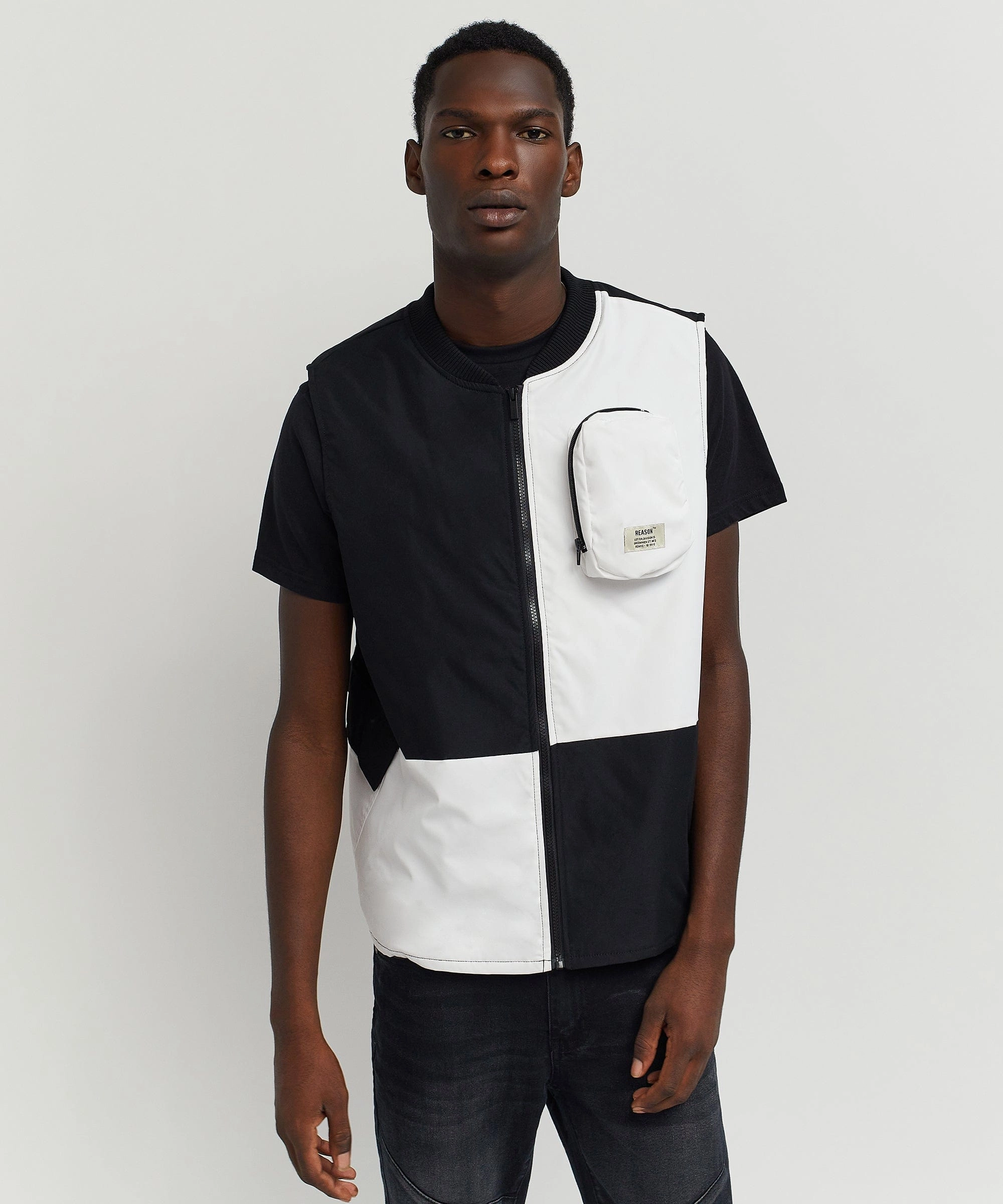 Bader Cotton Twill Color Block Utility Vest - Black&White Recycled Textile Quilted Interior