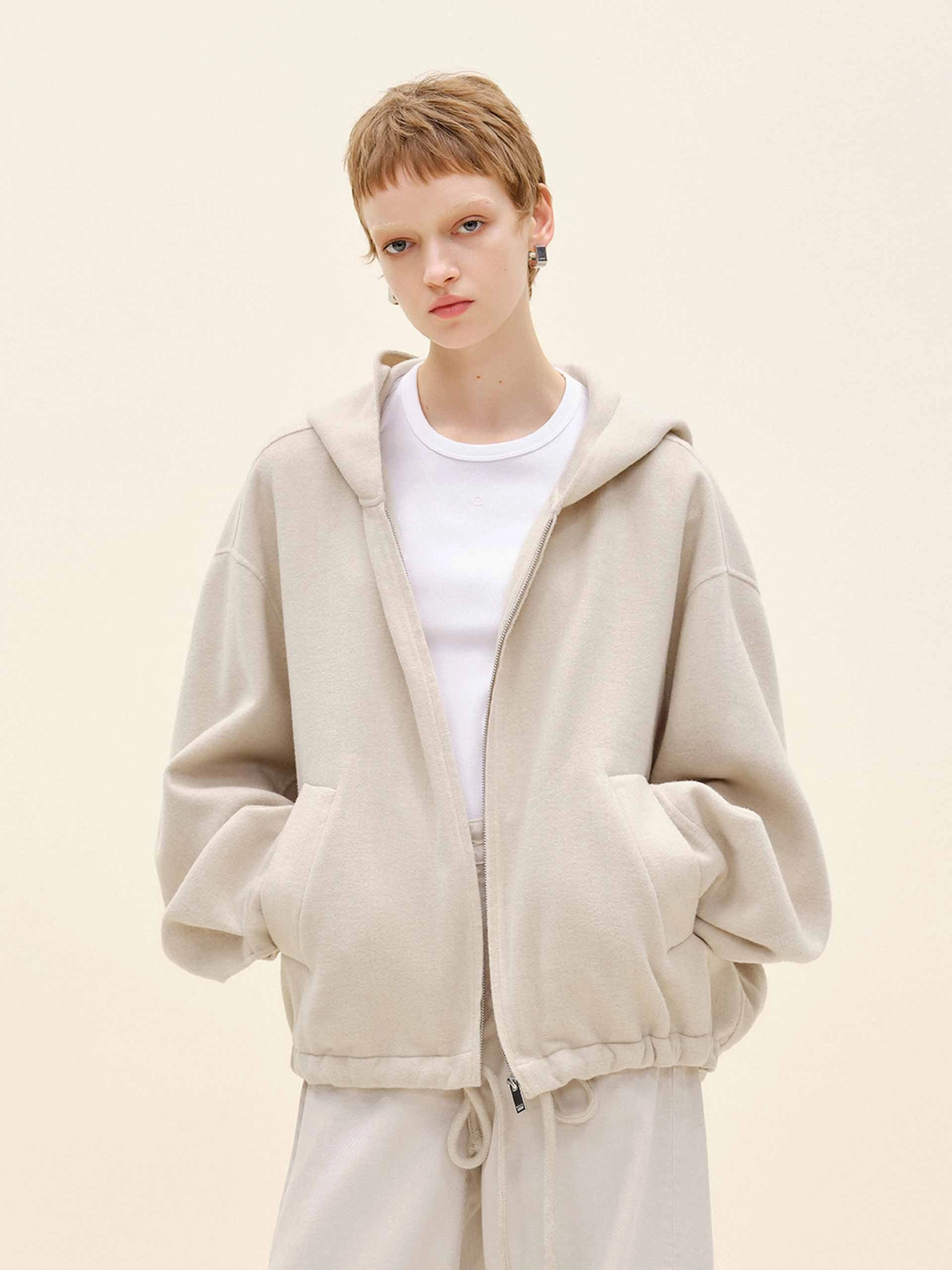 Reinforced Shoulder Panels High Collar Structure Drawstring Hem Hooded Coat