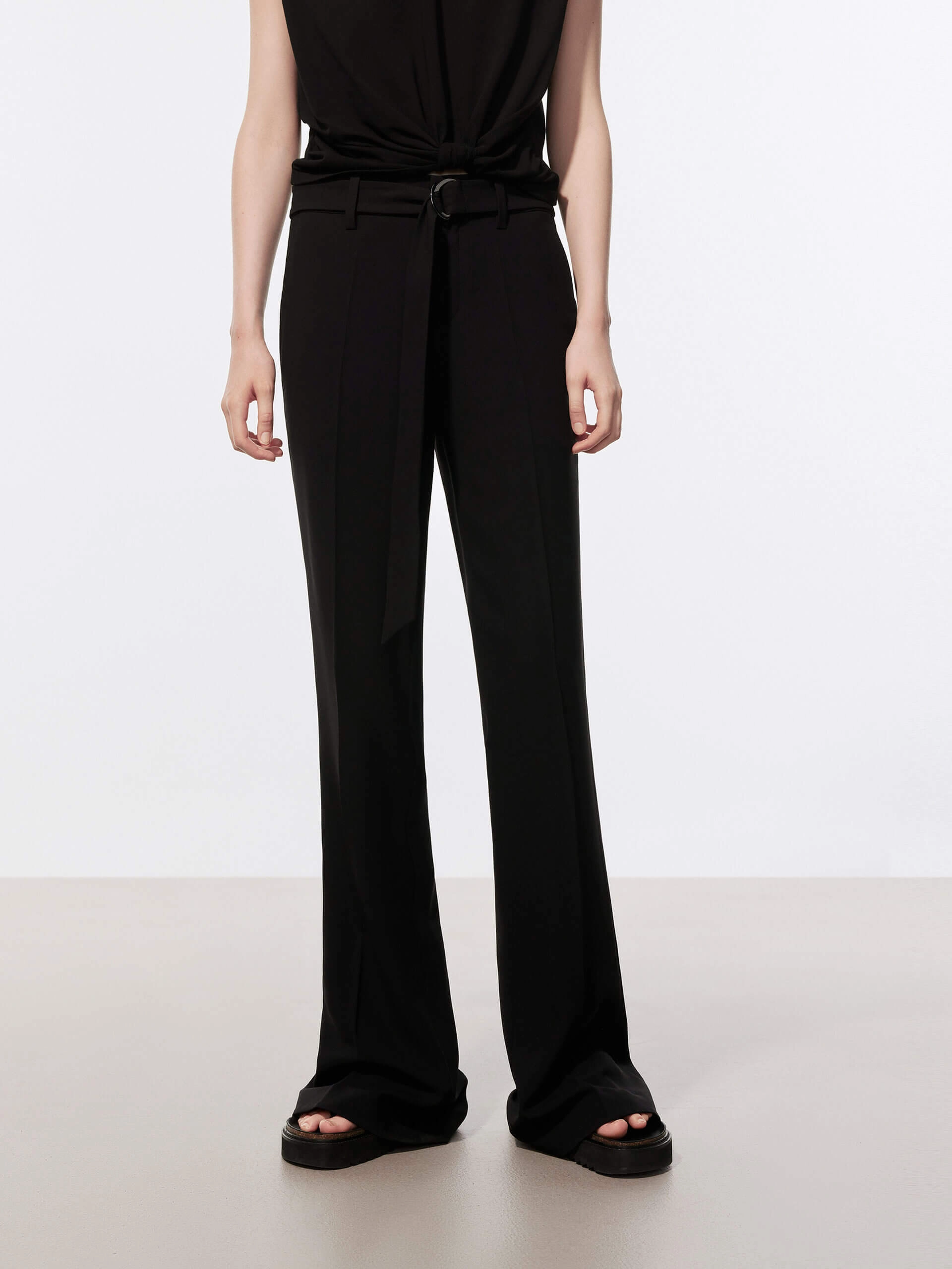 Flexible Cut Lightweight Fabric Belt Flared Cut Pants