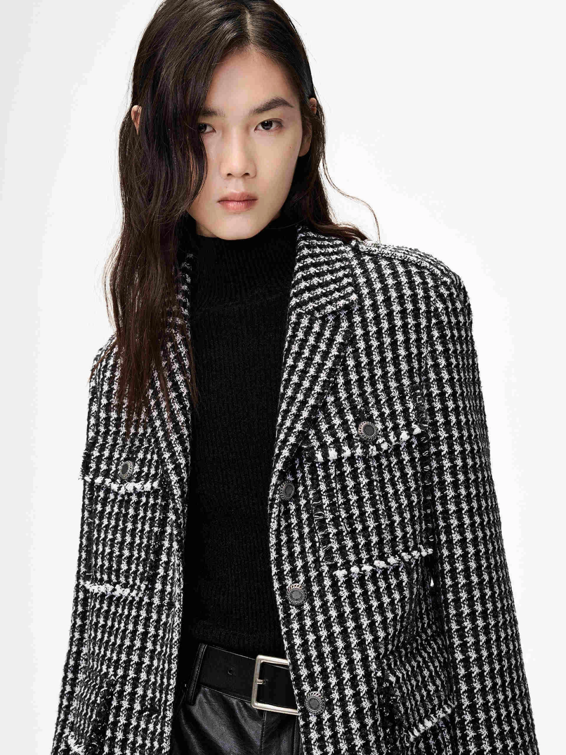 Belt Houndstooth Pattern Jacket Non Restrictive Fit