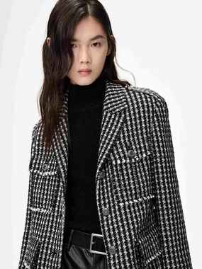 Belt Houndstooth Pattern Jacket Easy Comfort Quick Dry Material