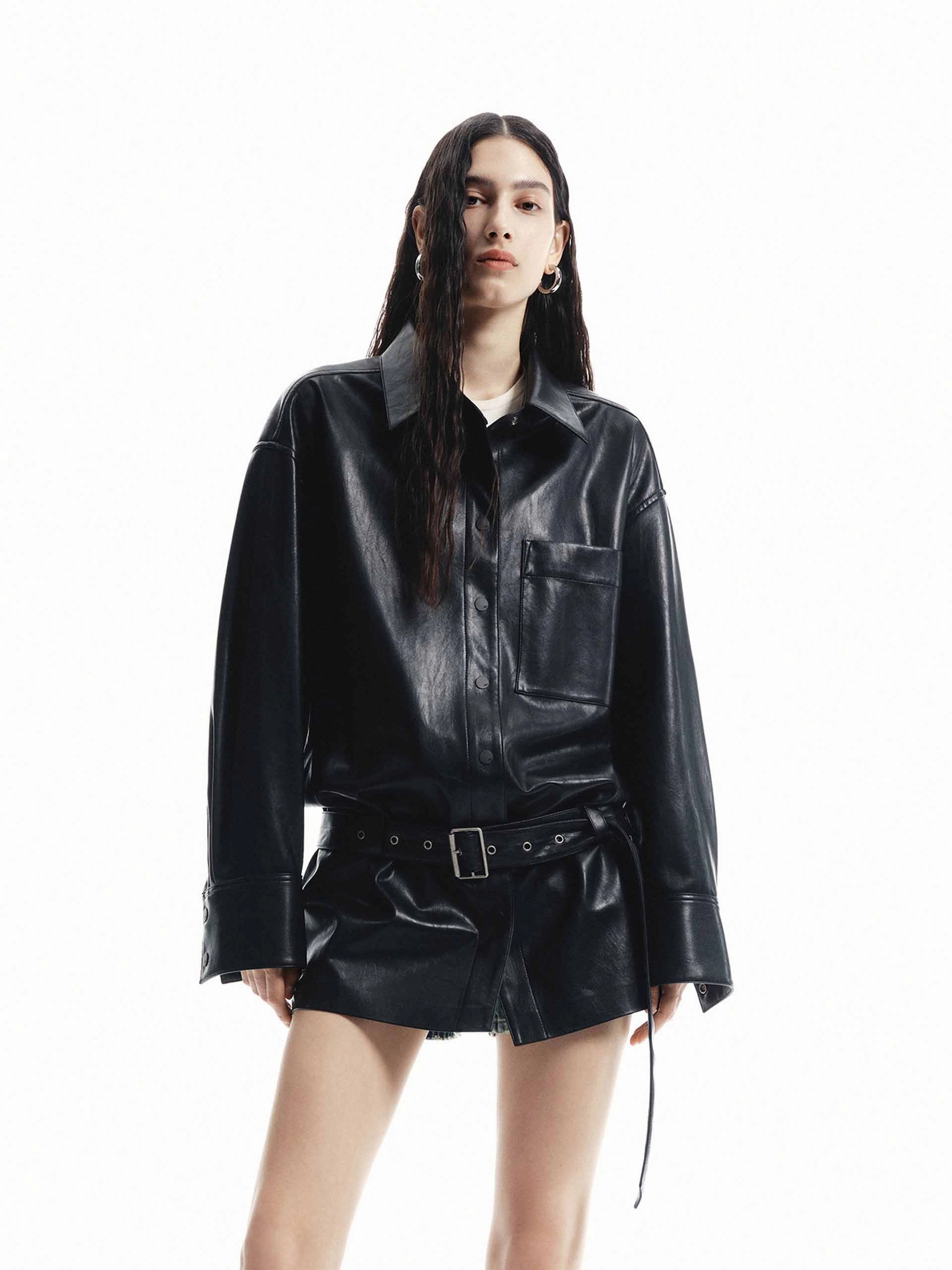 Casual Outdoor Look Belt Long Leather Coat