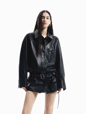 Casual Outdoor Look Belt Long Leather Coat