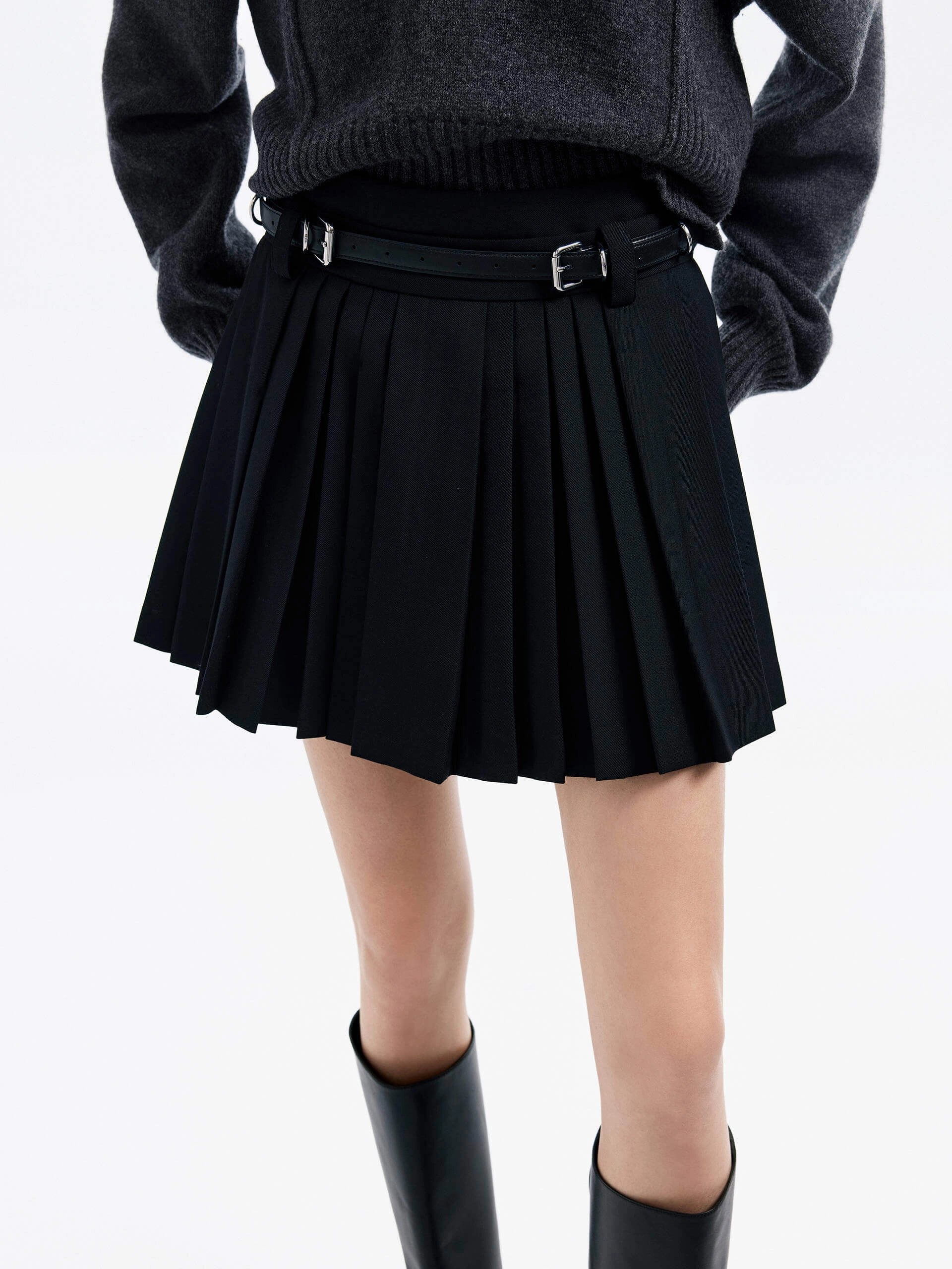 Belt Pleated Mini Skirt Sporty Fit Design