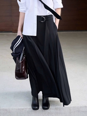 Belted A-line Pleated Skirt Elastic Free Cuffs