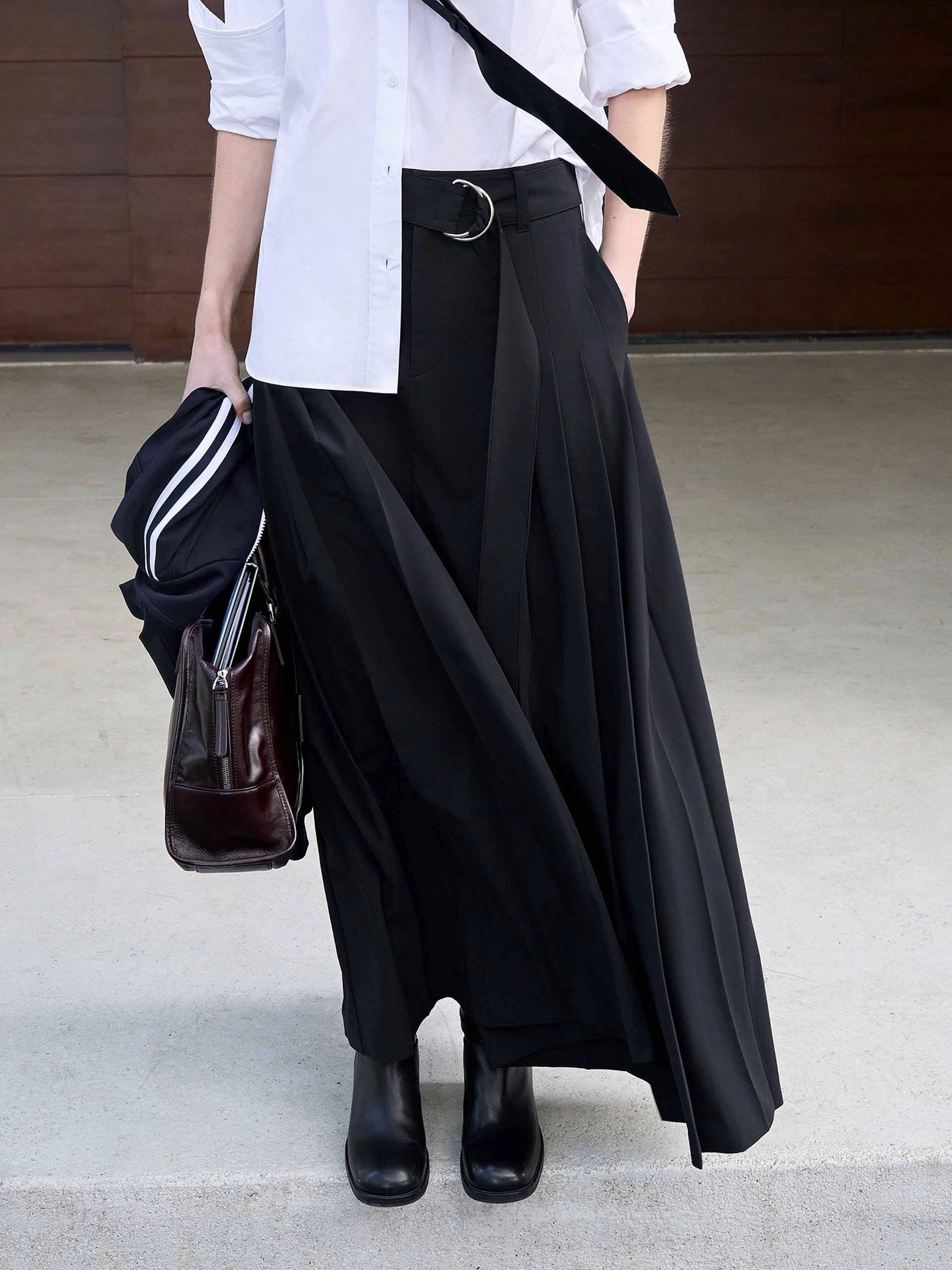 Layered Look Chilly Day Comfort Belted A-line Pleated Skirt