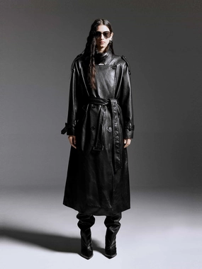 Belted Leather Coat Reused Cloth