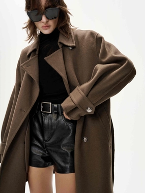 Belted Merino Wool Coat Simple Shirt Shrinkage Prevention Treatment