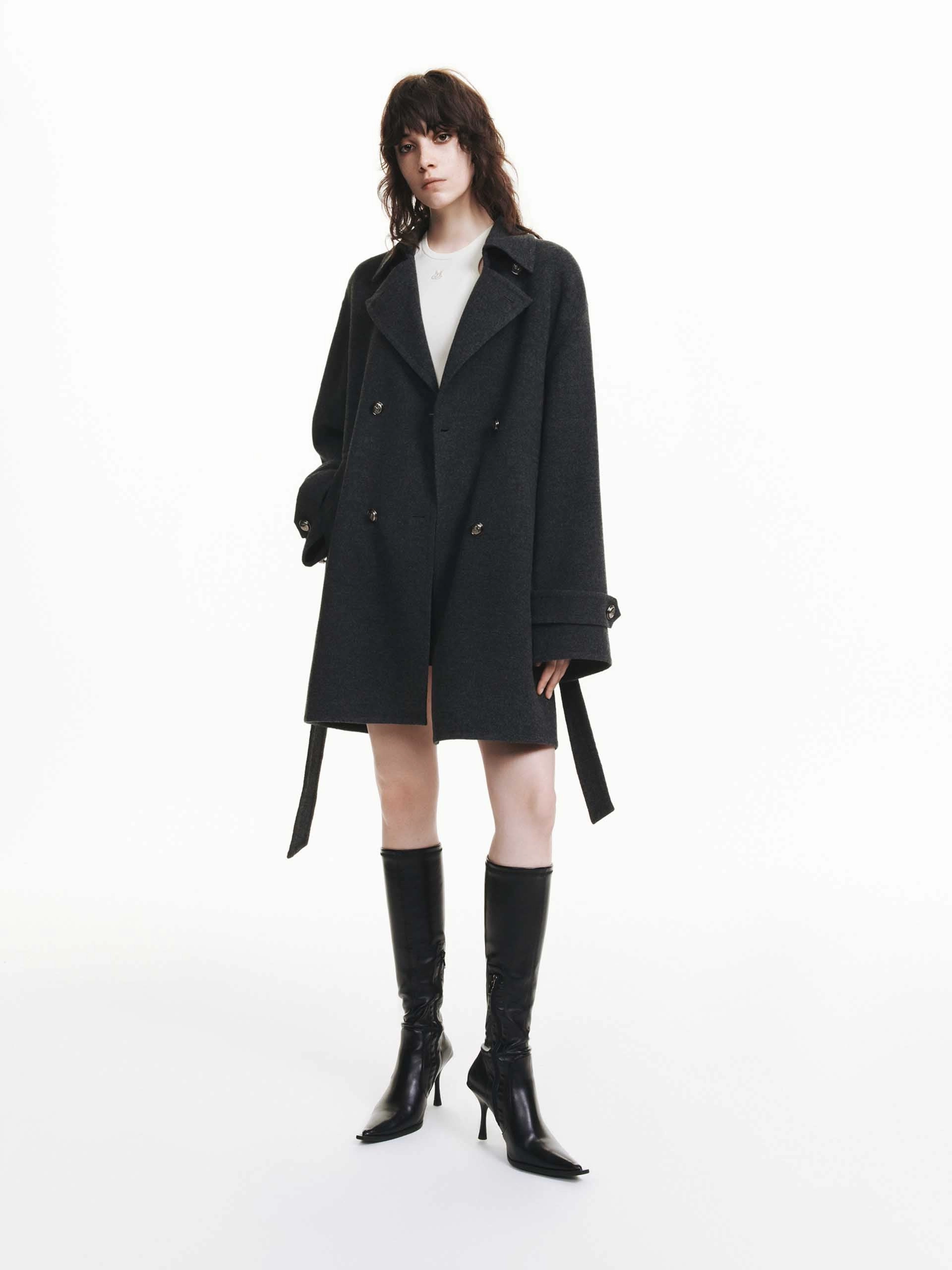 Hidden Zipper Pocket Comfortable Cut Belted Merino Wool Coat