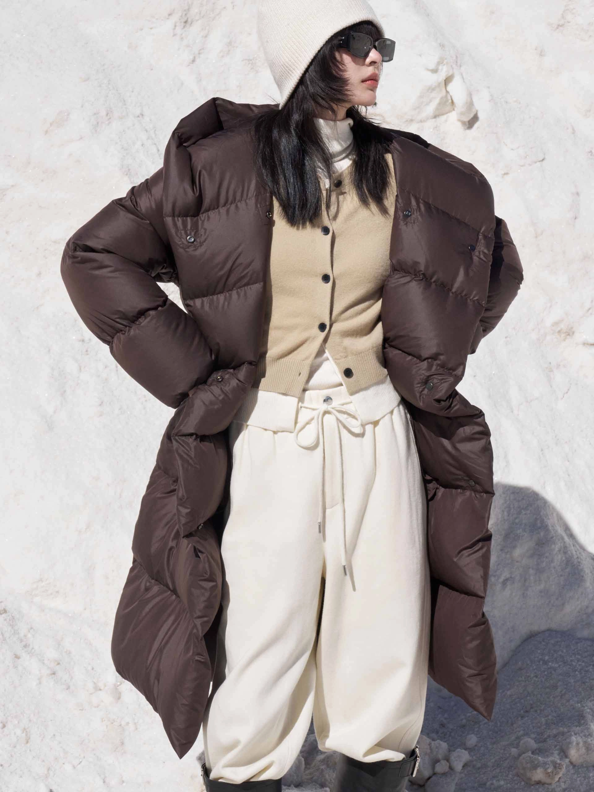 Belted Quilted Shell Down Coat Reinforced Elbow Patches