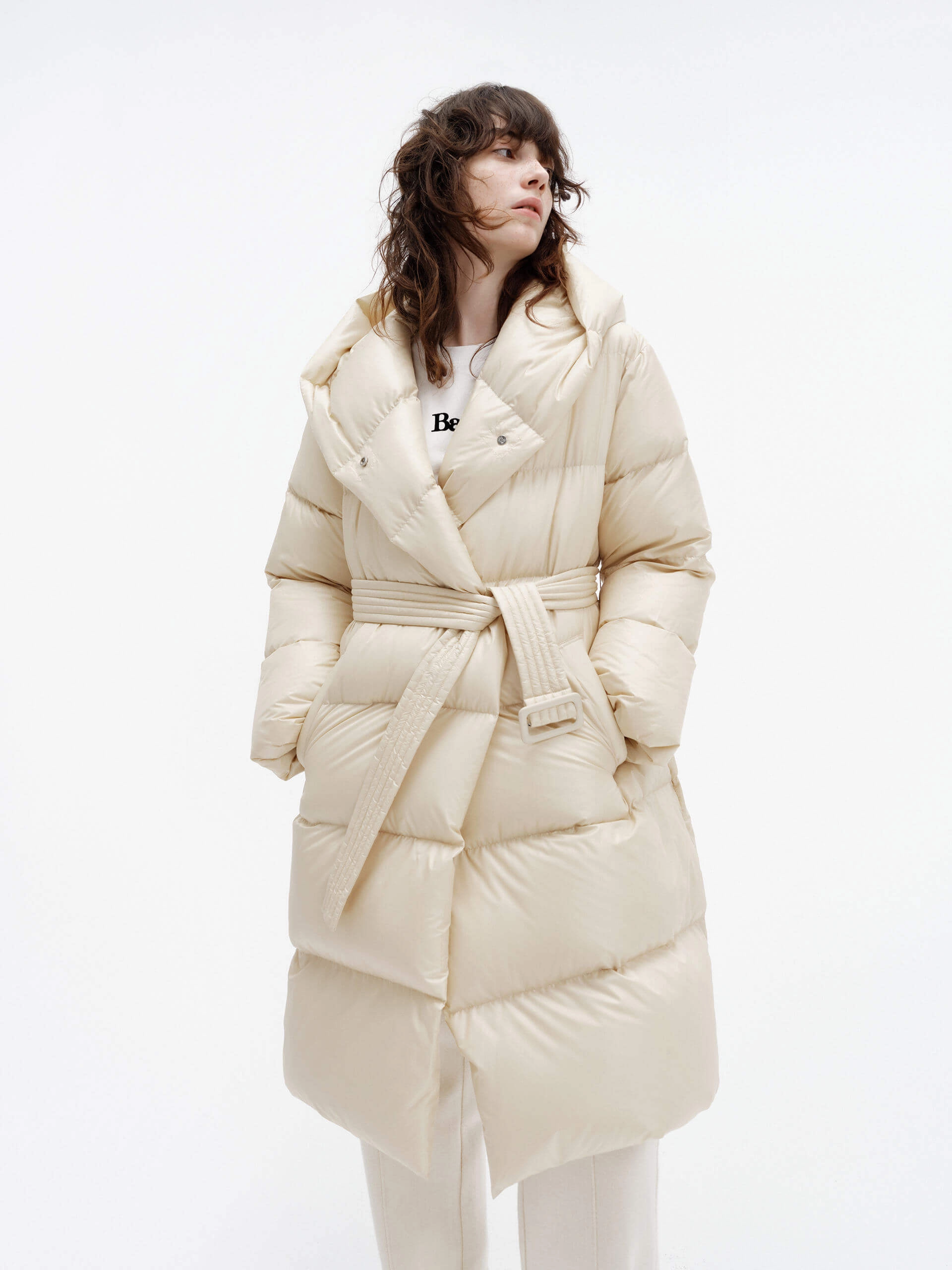 Belted Quilted Shell Down Coat Multi Use Piece Functional Zip Detail