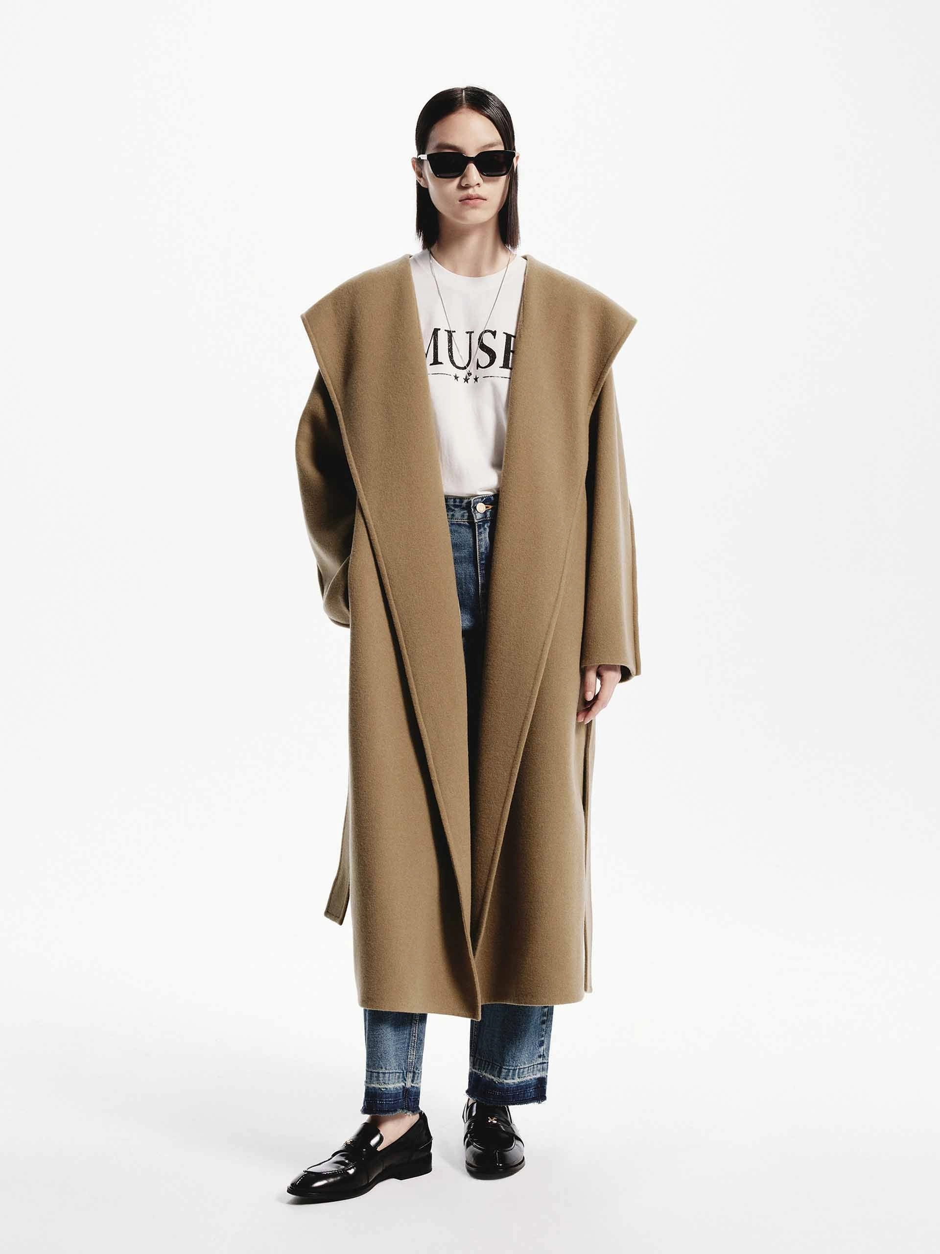 Belted Wool Long Coat Quick Dry Coating Friction Resistant
