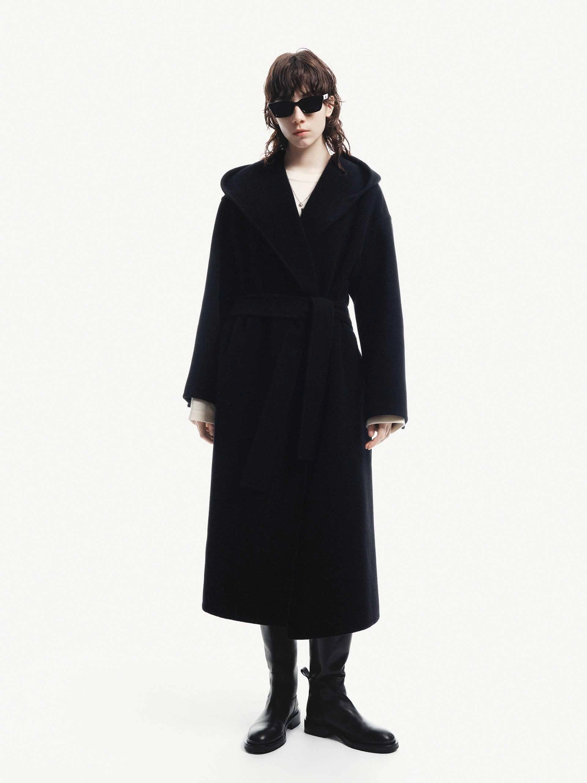 Belted Wool Long Coat Noise Free Zippers