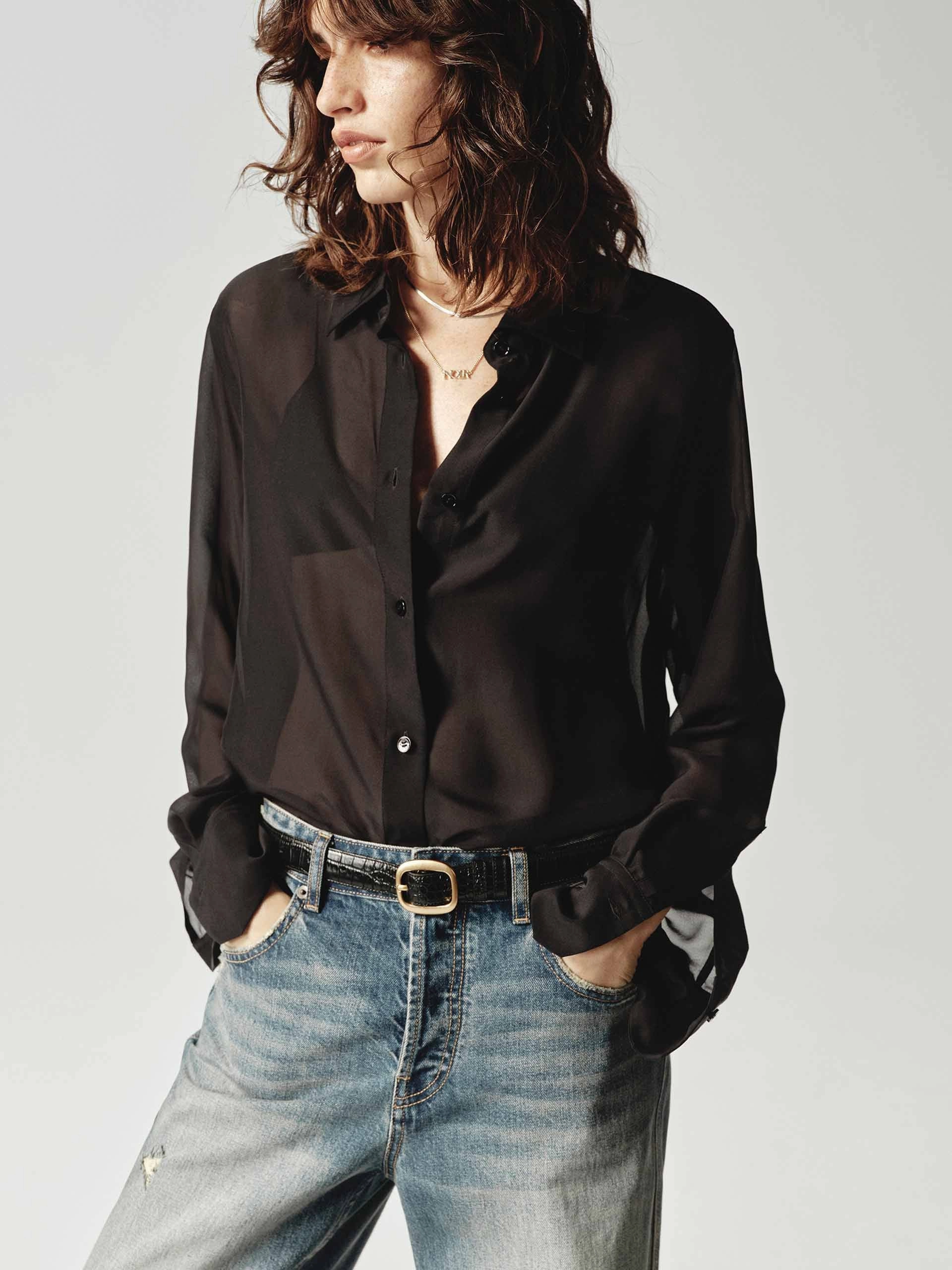 Black Silk Sheer Shirt Ultraviolet Protection Finish Ergonomic Shoulder Shape