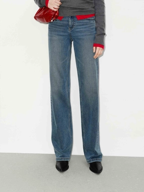 Snug Waist Eco Friendly Dye Process Blue Washed Straight Jeans