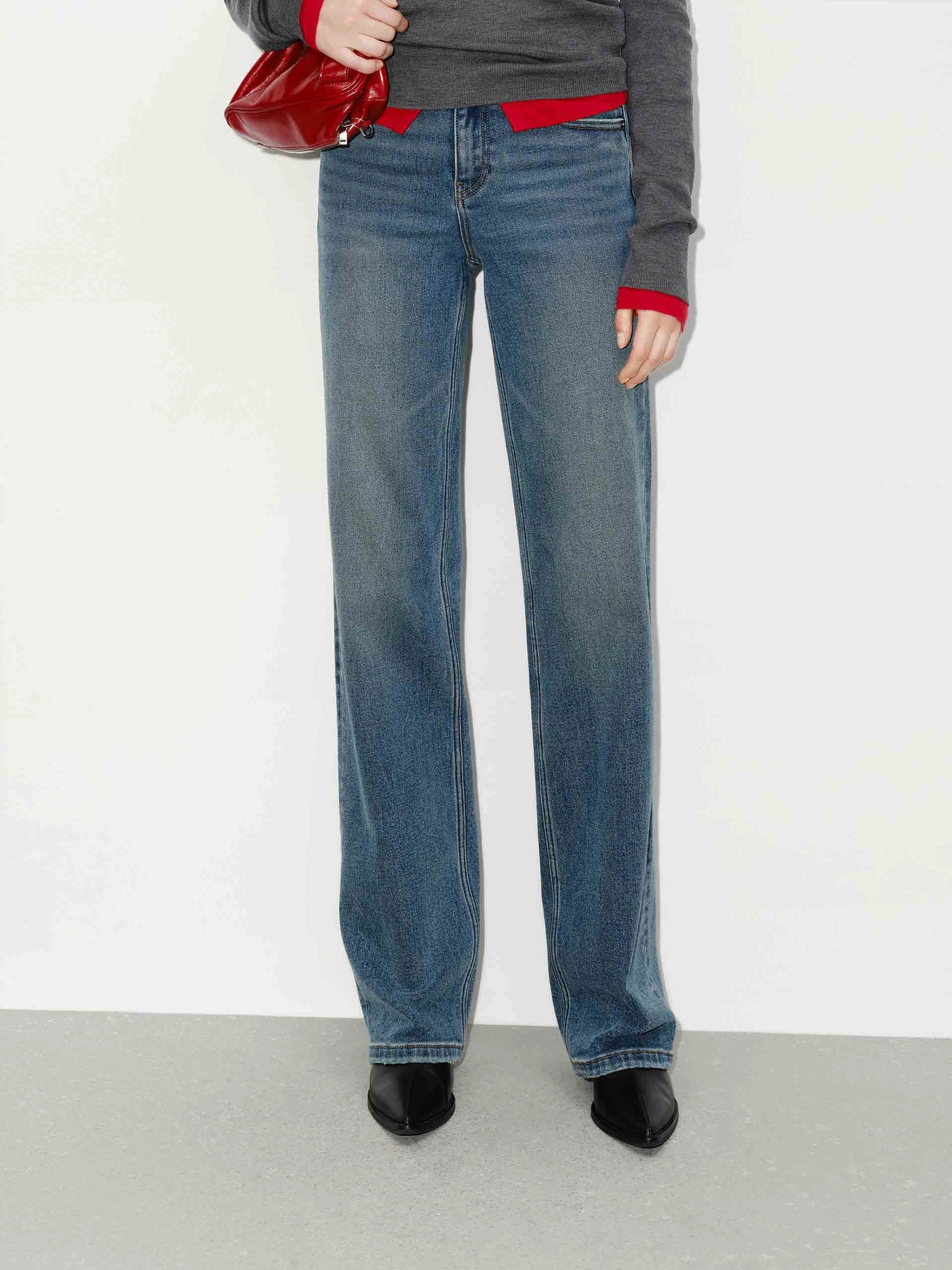 Blue Washed Straight Jeans Casual Performance Wear Minimal Vibe