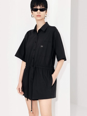 Minimal Waist Cotton Blend Drawstring Romper