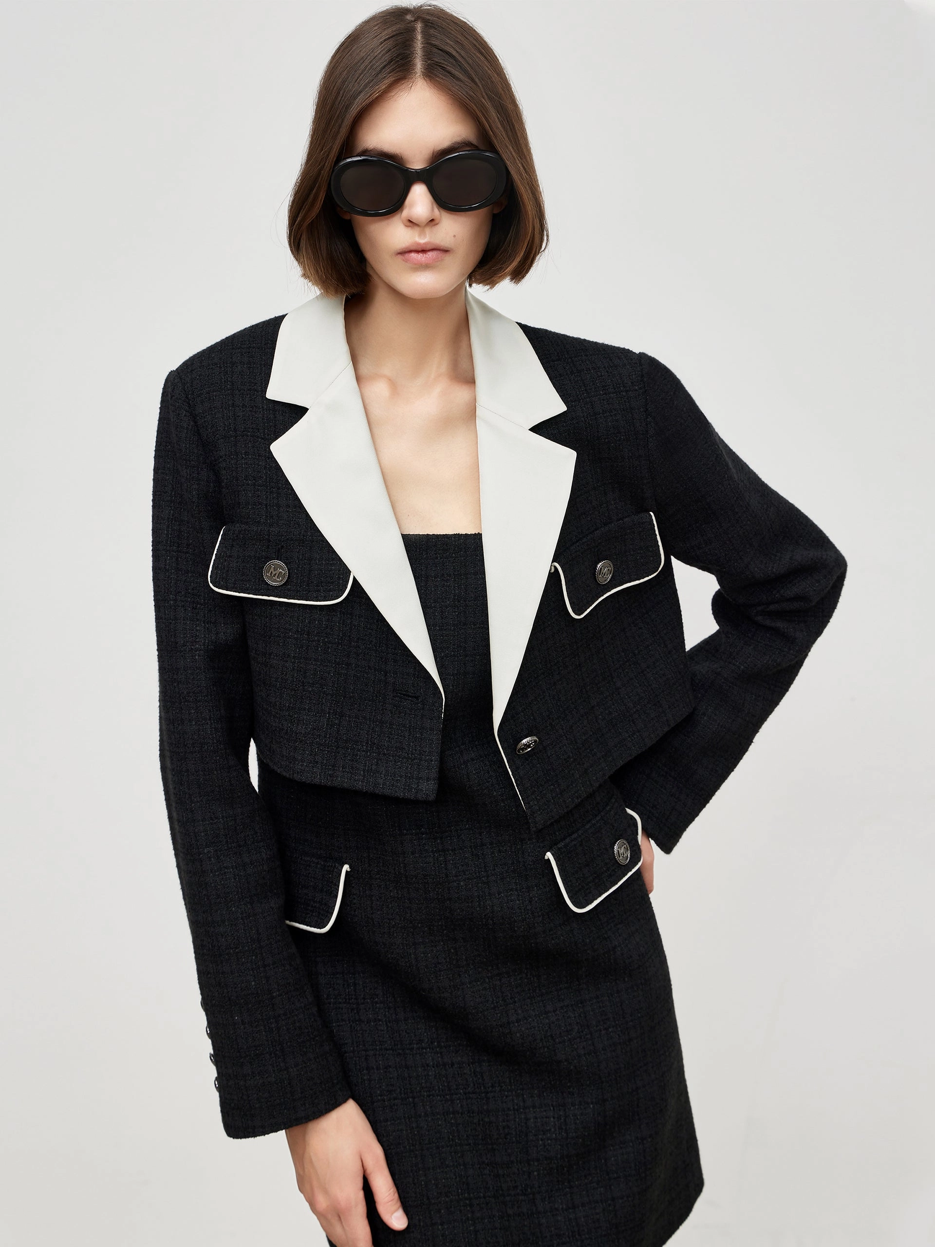 Anti Glare Trim Contrast Textured Crop Blazer