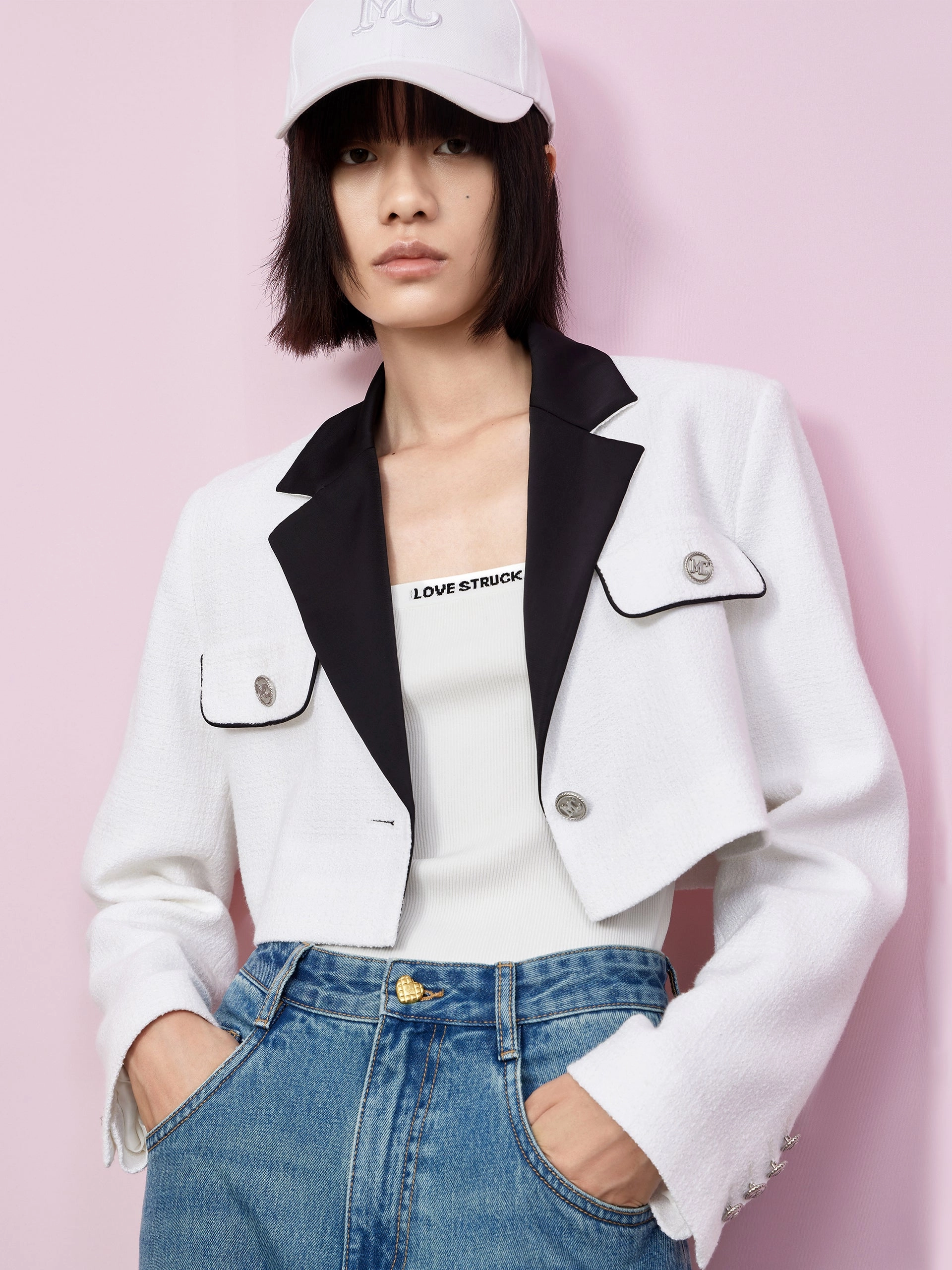 Roll up sleeves Contrast Textured Crop Blazer
