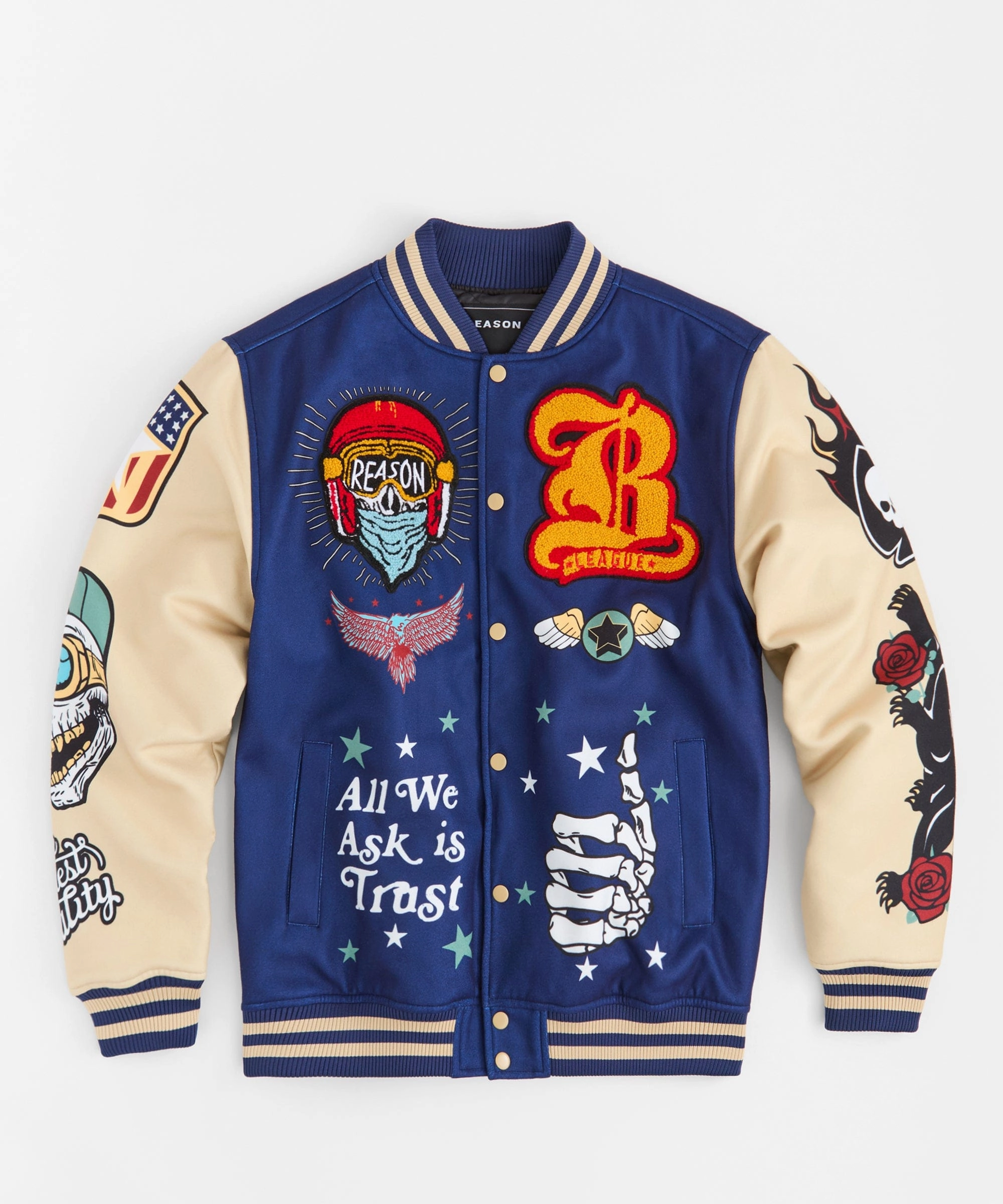 Born Free Chenille Patched Varsity Jacket - Navy Quick Release Fasteners Thermoregulating Lining