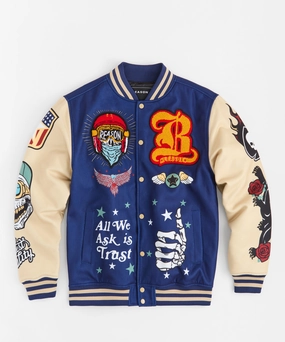 Born Free Chenille Patched Varsity Jacket - Navy Quick Release Fasteners Thermoregulating Lining