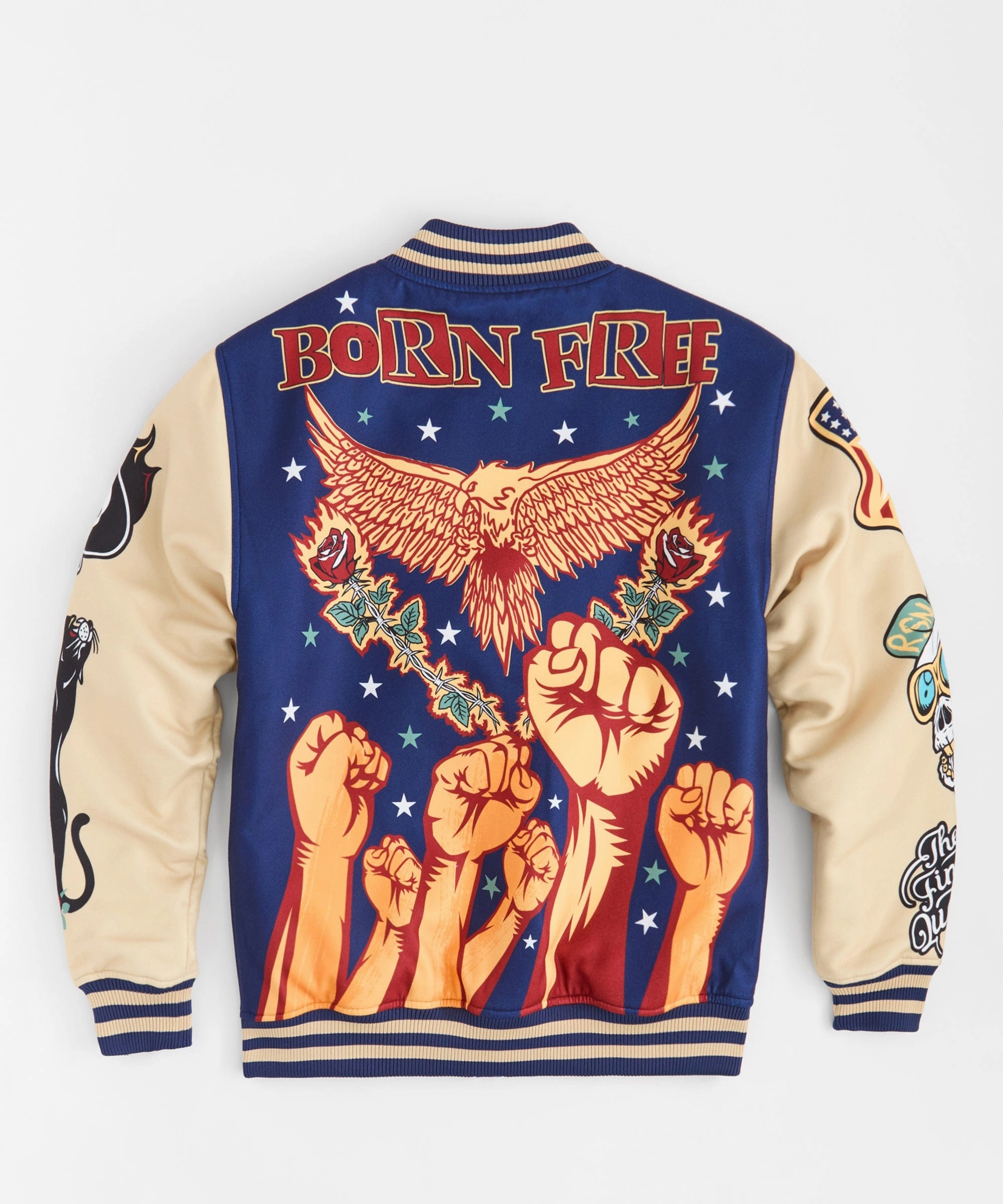 Born Free Chenille Patched Varsity Jacket - Navy Long Sleeves