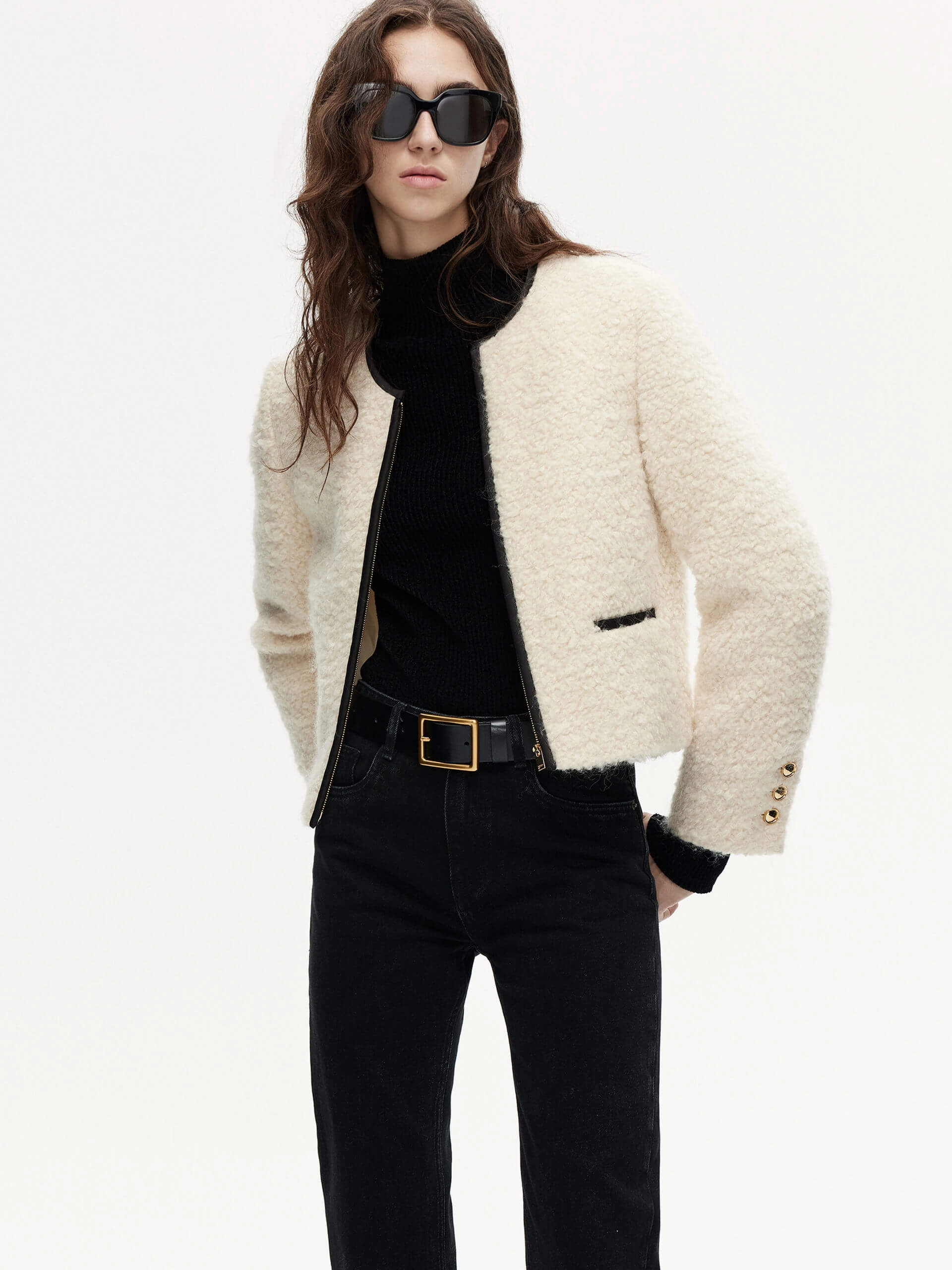 ErgonomicSleeves DoubleStitching Boucle Textured Cropped Jacket