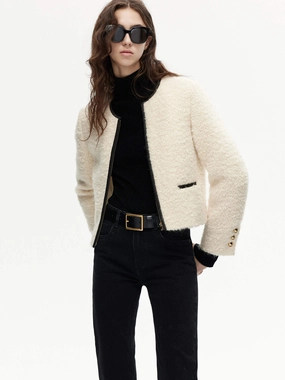 Reflective Zippers Bonded Hemline Boucle Textured Cropped Jacket