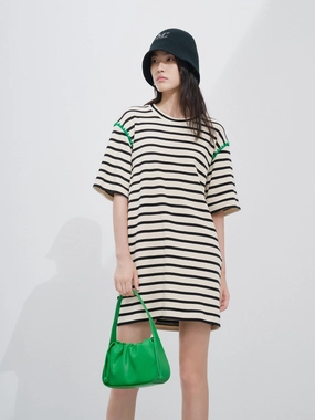 Slit-Hem Halter neck Cotton Striped Dress
