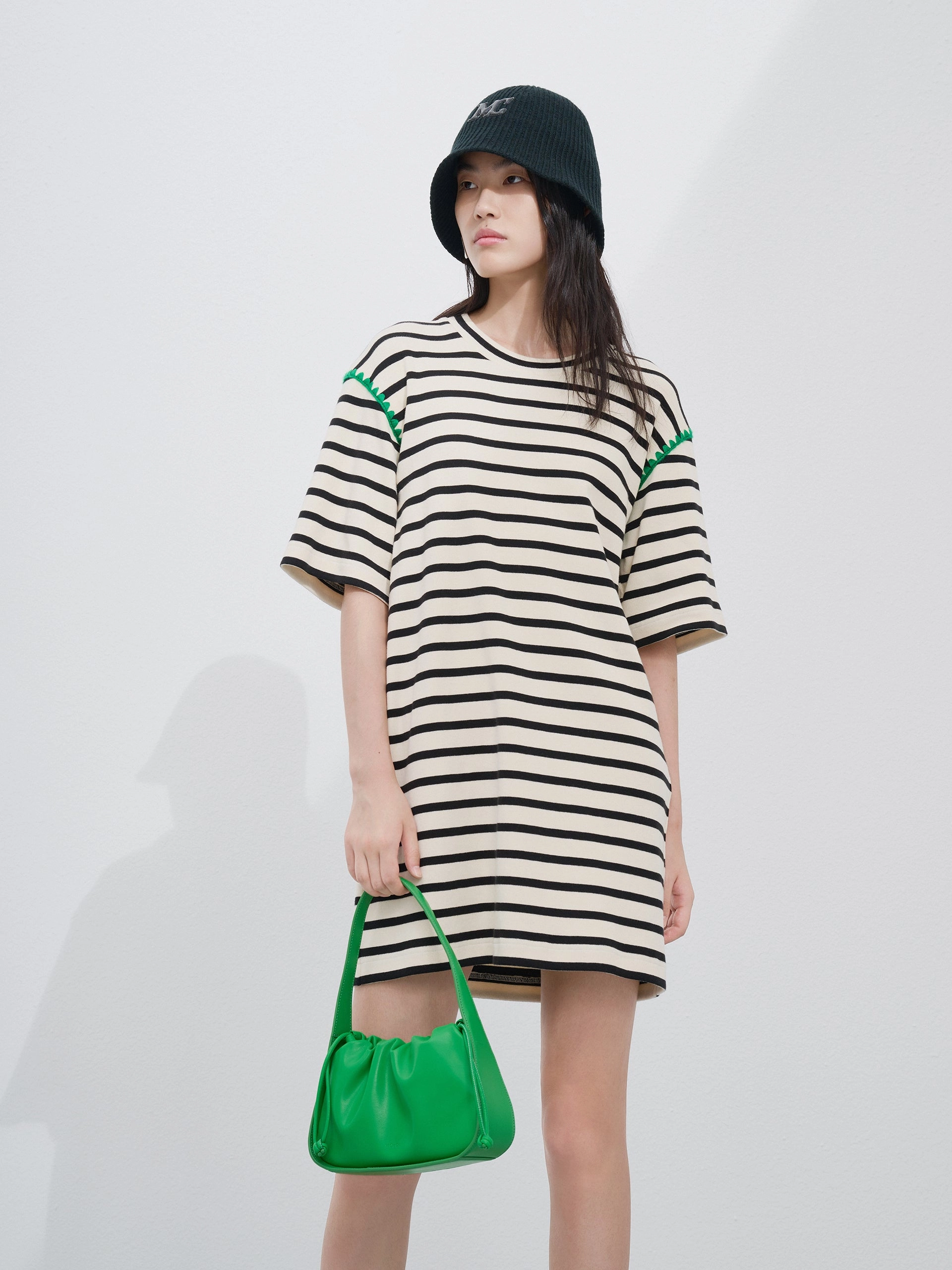 Slit-Hem Halter neck Cotton Striped Dress