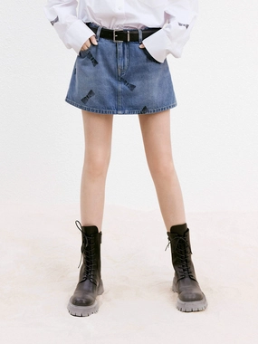 Bowknot Pattern Denim Skort Structured Hemline Anti Pilling