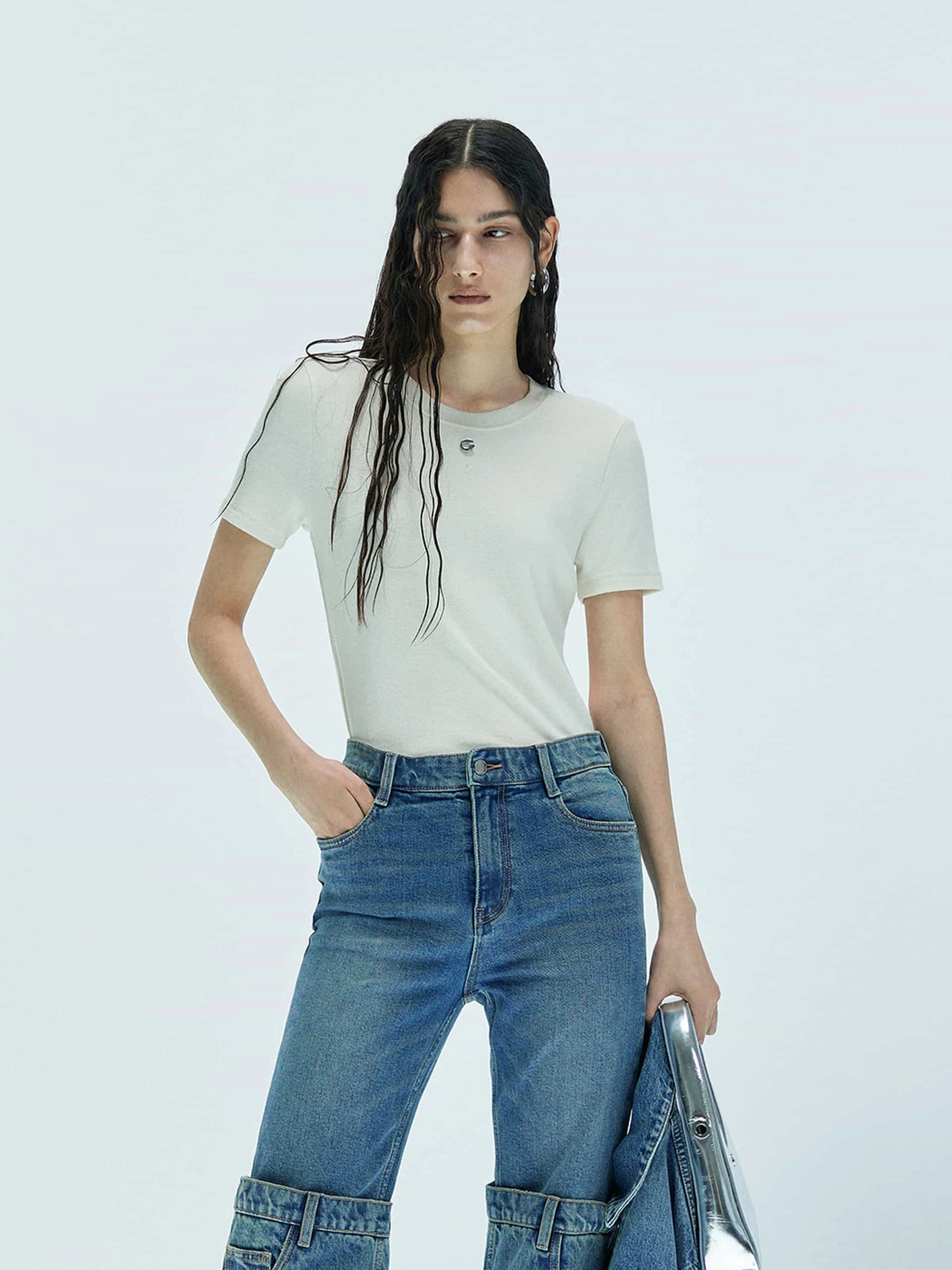 Round Neck Knitted T-shirt Pastel color