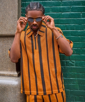 Textured Knit Shirt - Brown Layered Collar Antistatic